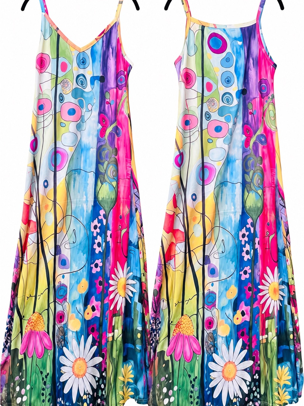 Colorful Abstract Floral Spaghetti Strap Maxi Dress Boho Artsy NWOT